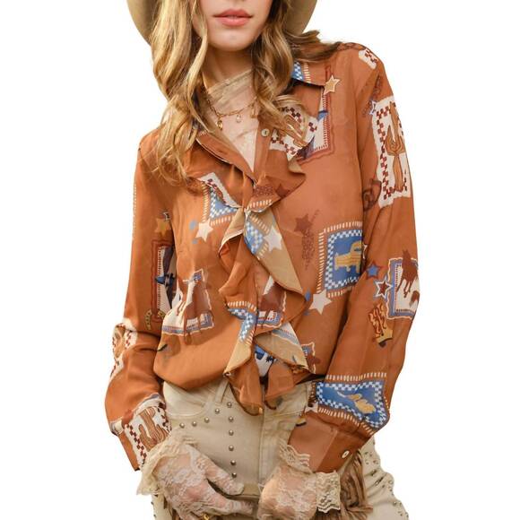 BLUE B Tops - NEW BLUE B western print ruffle sheer blouse in brown